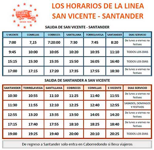 horario de autobuses La Cantabrica de Comillas